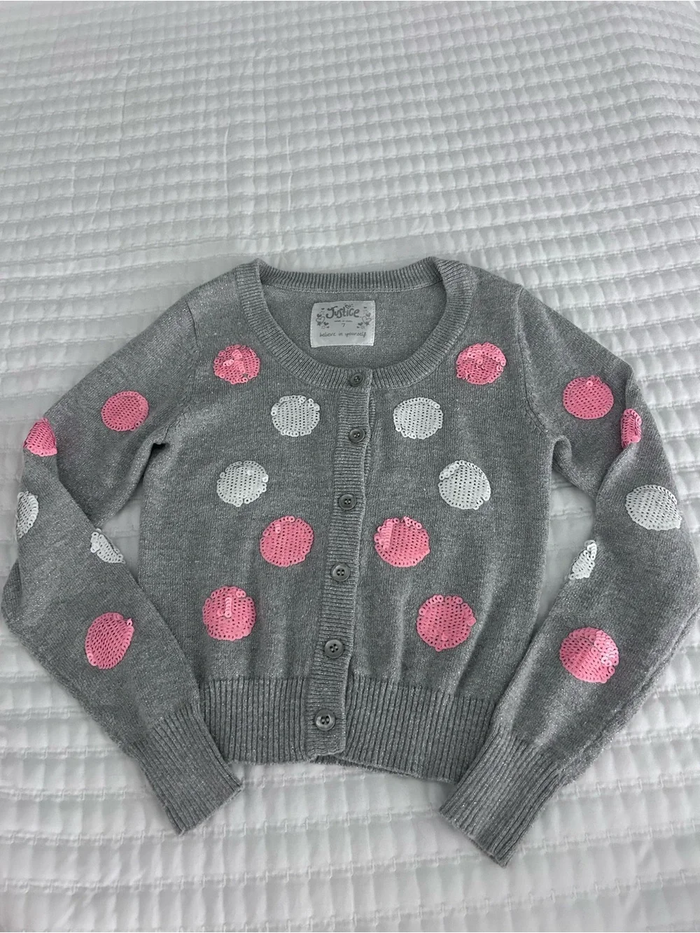 Justice Gray Cardigan with Pink & White Sequin Polka Dots. Size 7